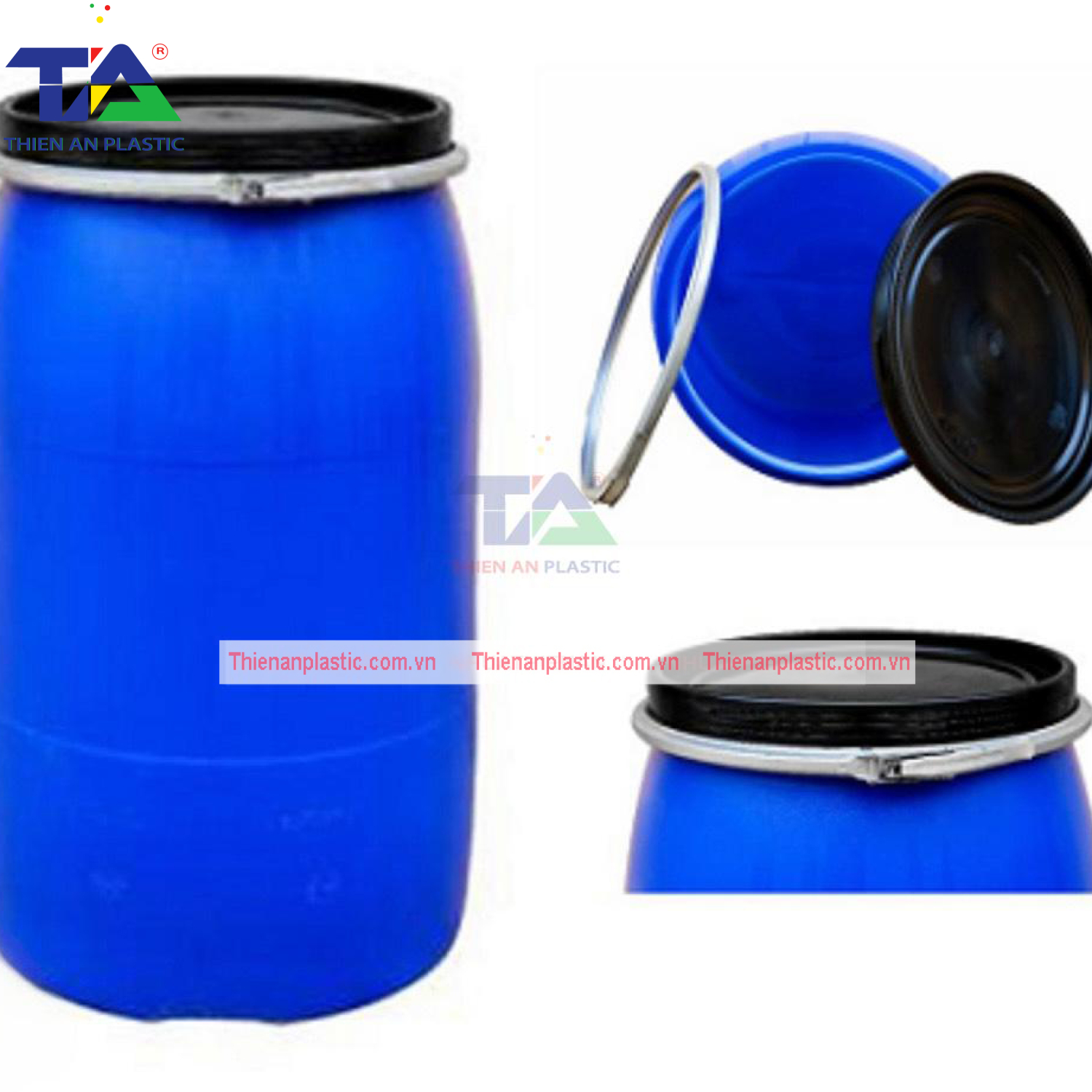 Thùng Phuy Nhựa 220 Lít Đai Sắt (KT: Ø470 x Ø585 x 950mm)