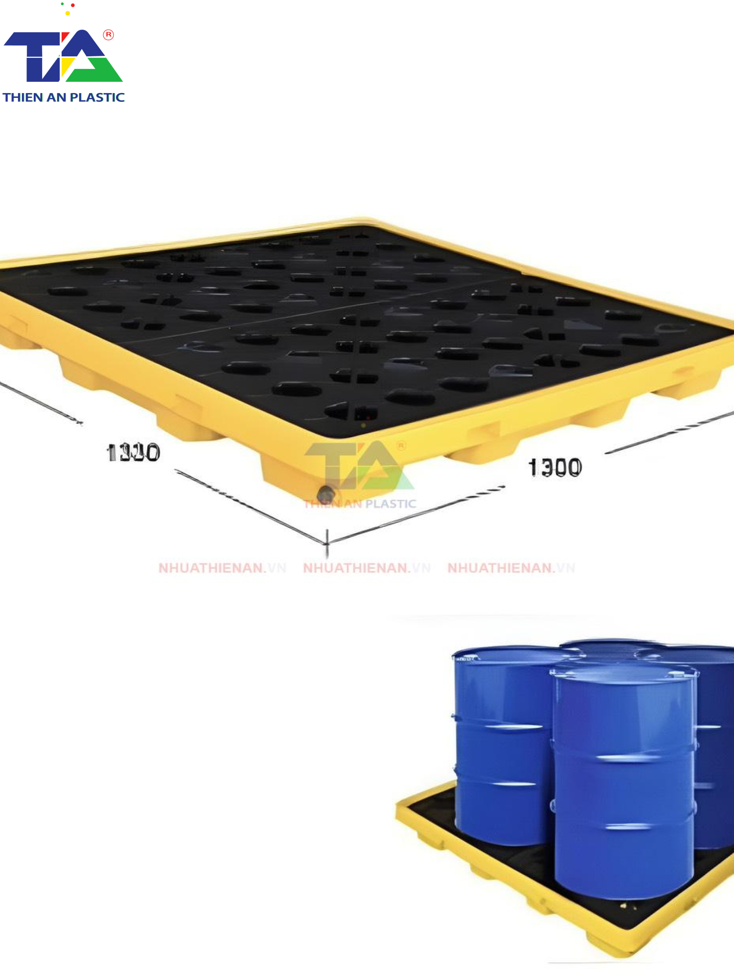 Pallet Nhựa Chống Tràn 4 Phuy Thấp (KT: 1300 x 1300 x 150mm)